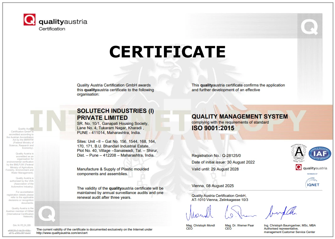 Solutech Industries ISO 9001:2015 quality management system certificate