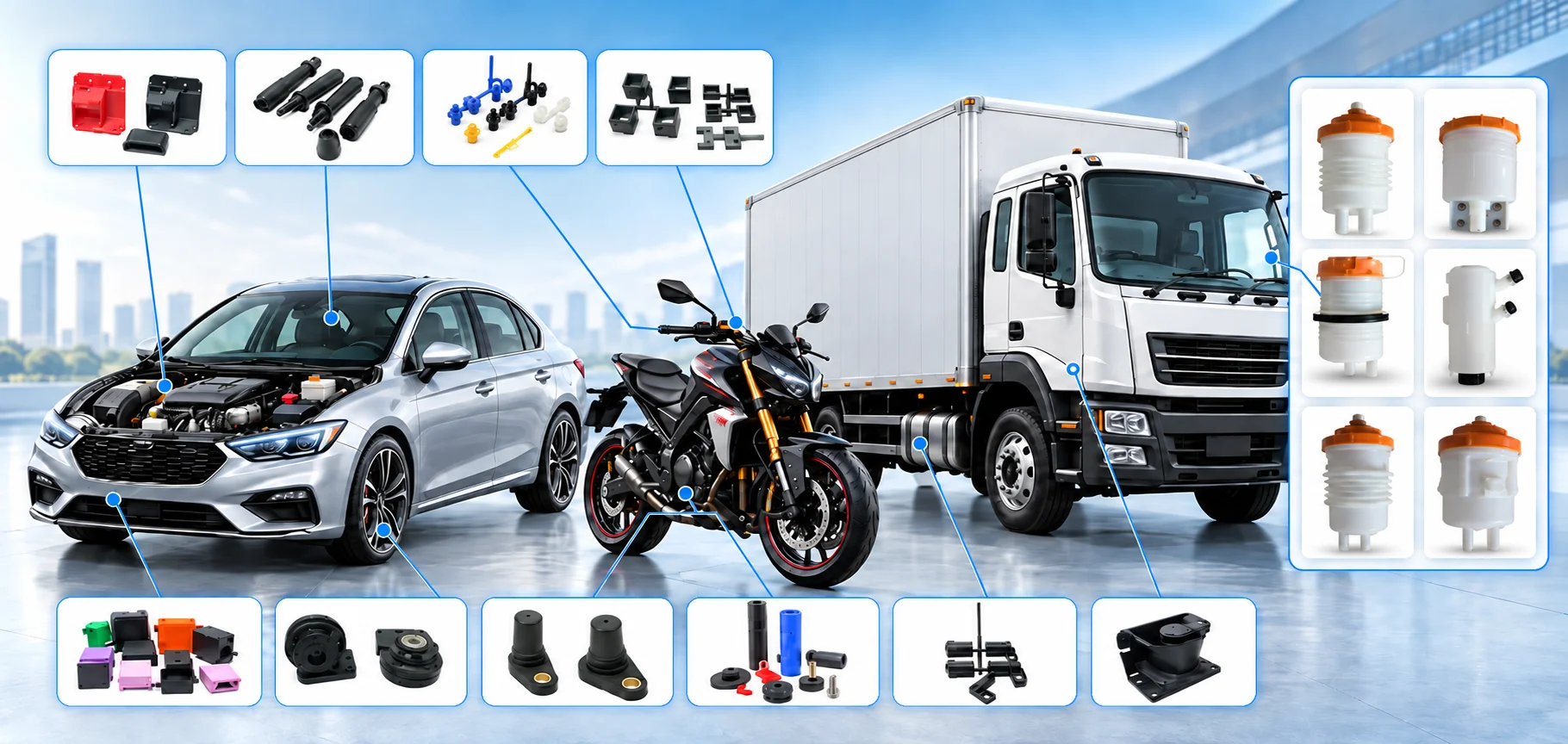 Solutech plastic components used across cars, motorcycles and commercial vehicles