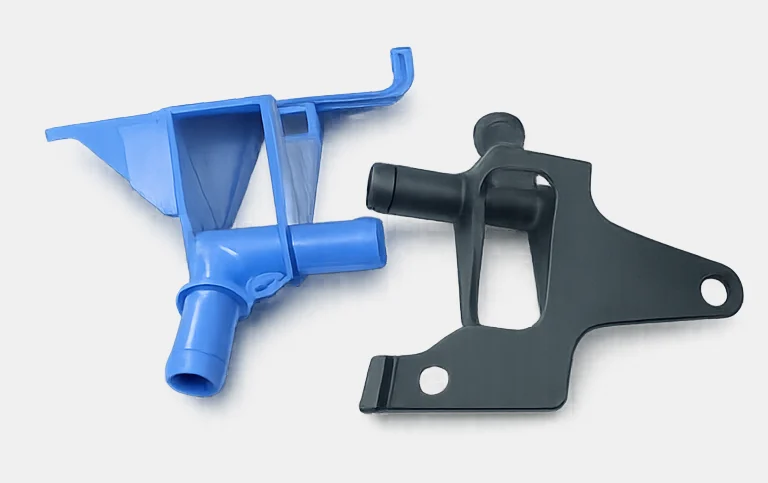 Blue fluid duct and black bracket with hose spigot