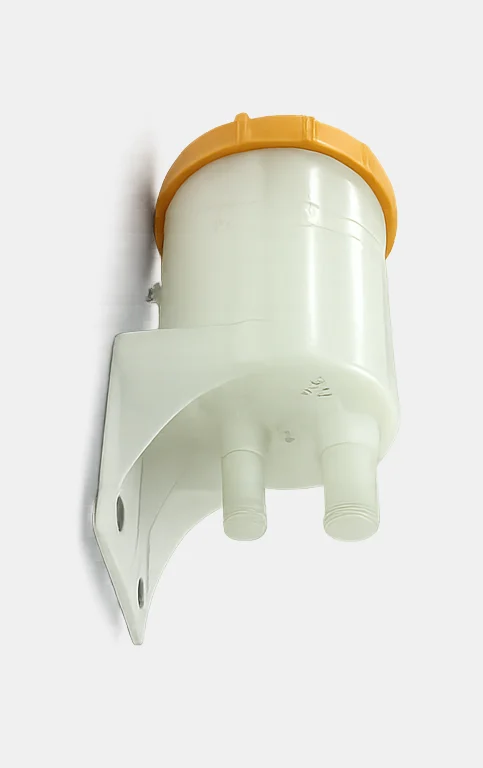 White oil reservoir with orange cap and mounting bracket