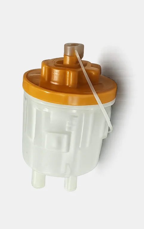 White oil reservoir with orange tethered cap