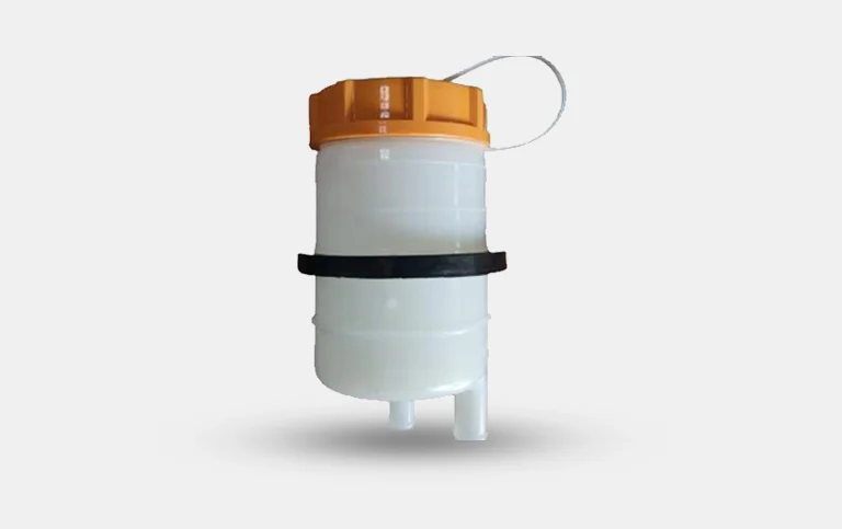 Steering oil reservoir assembly with orange cap and mounting band