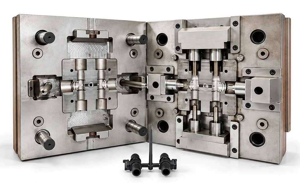 Injection mould built in-house, shown open with the moulded fitting it produces